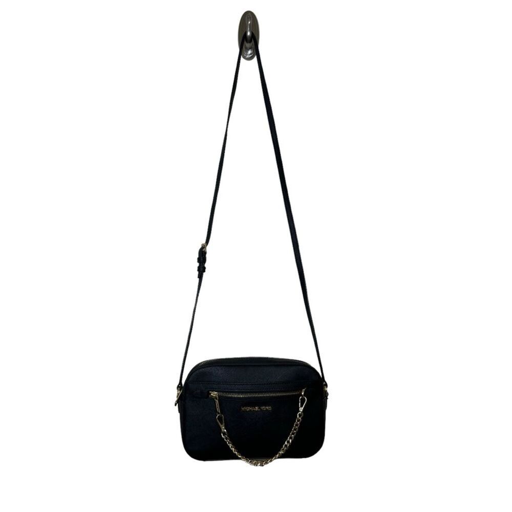 Michael Kors Jet Set Black East West Zip gold Chain MK Leather Crossbody Bag